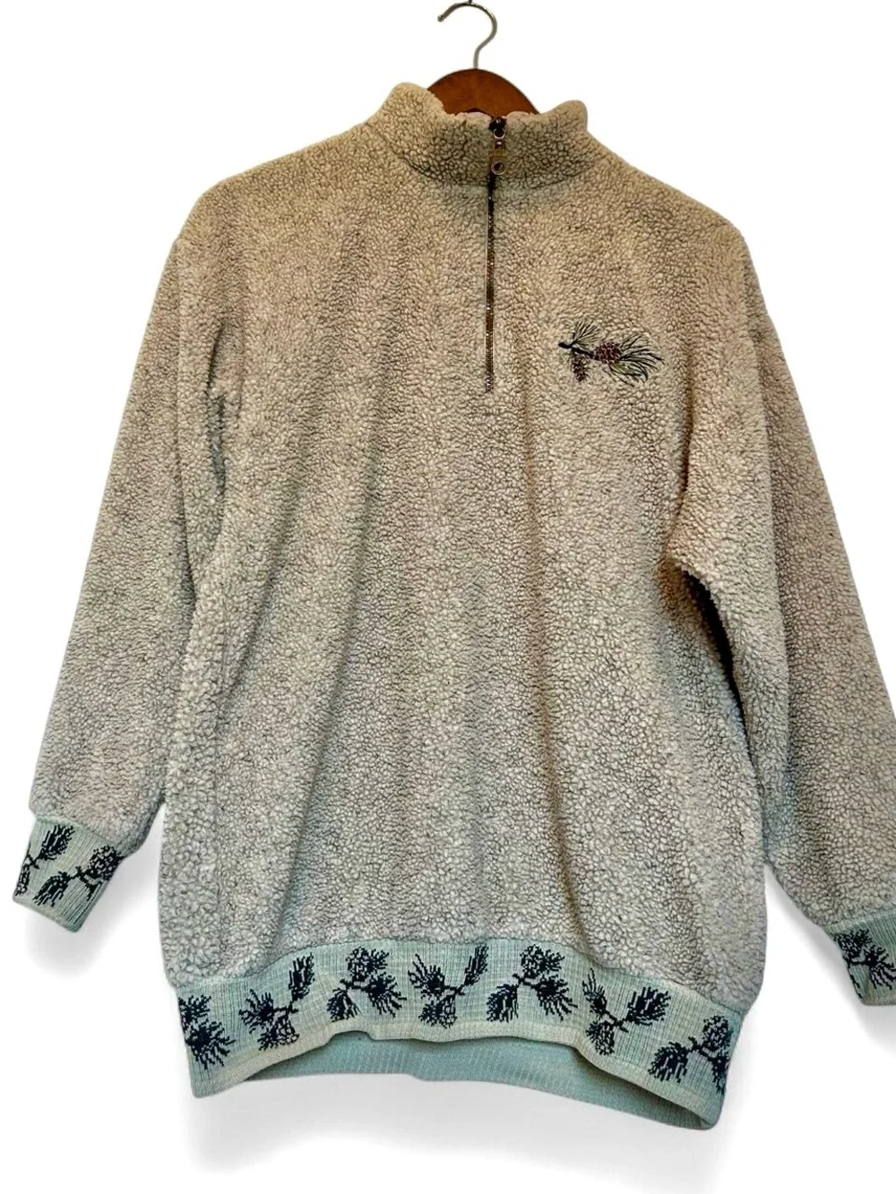 1990s Sherpa Quarter-Zip Sweatshirt in Tan - Pine Needle Embroidery